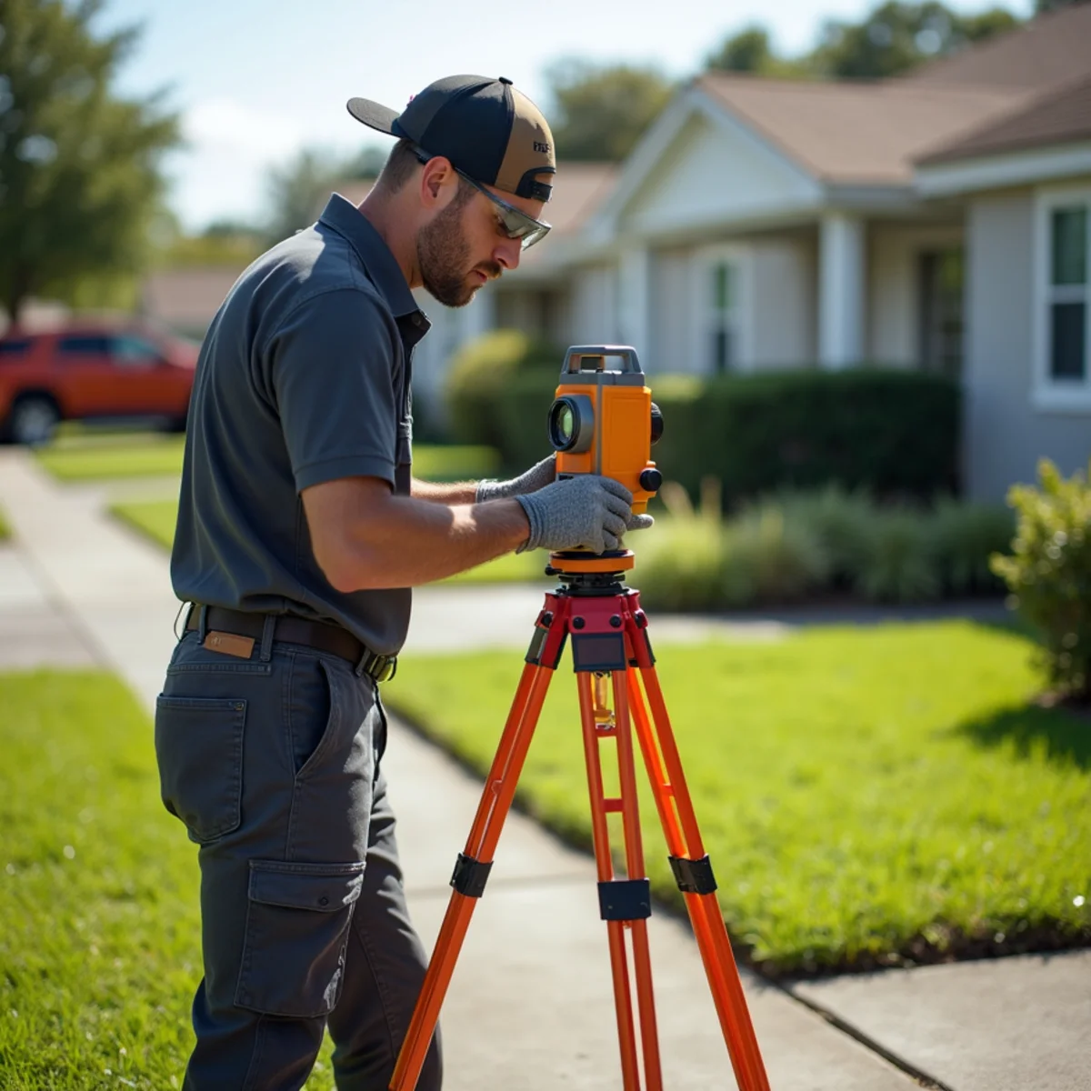 Technician performing laser grade elevation survey across Miramar residential front yard