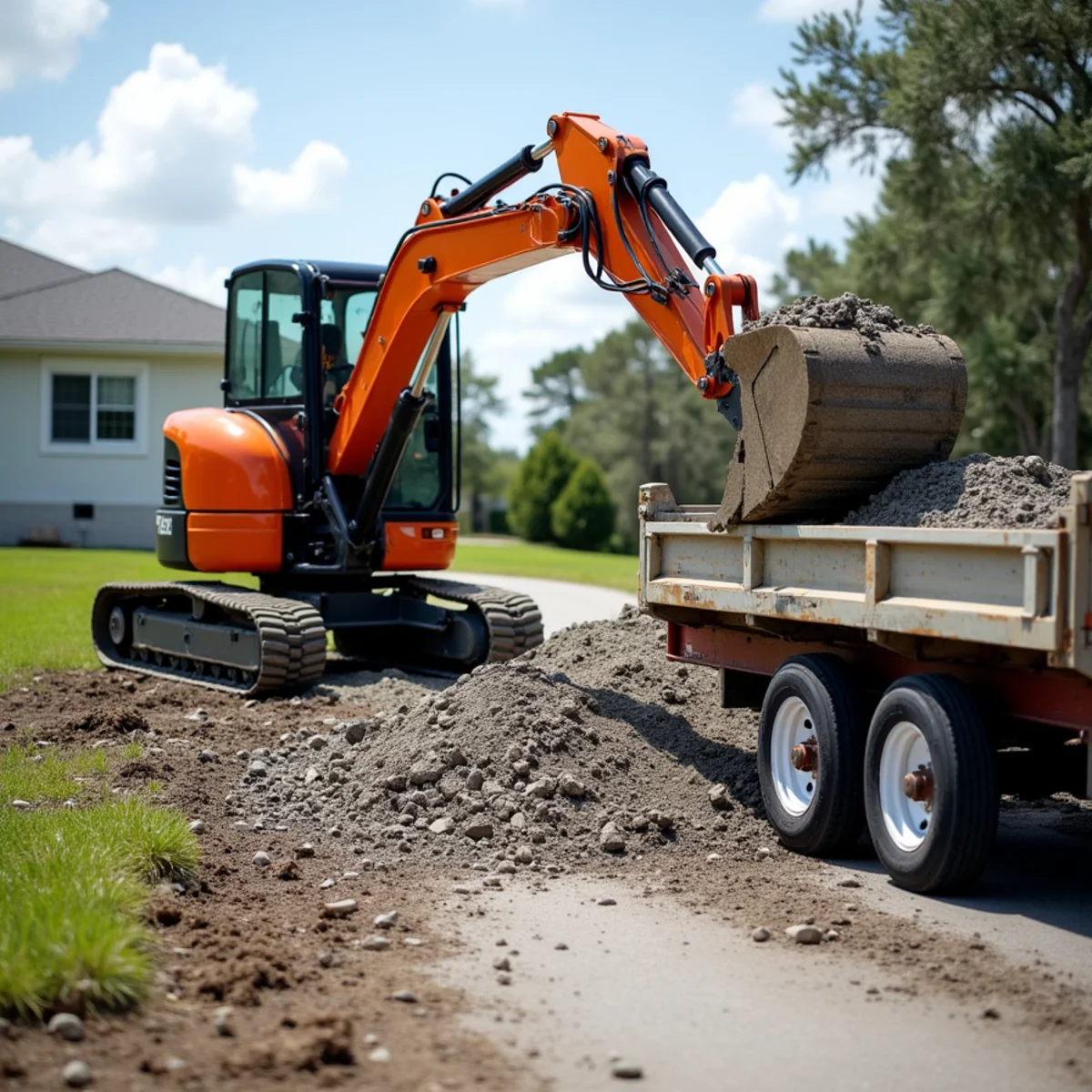 Excavator stripping damaged concrete and subgrade muck down to stable foundation in Miramar