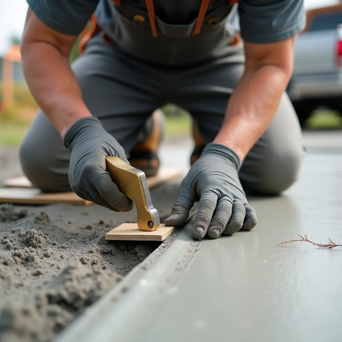 Finisher hand-tooling straight contraction joints on fresh concrete driveway in Miramar