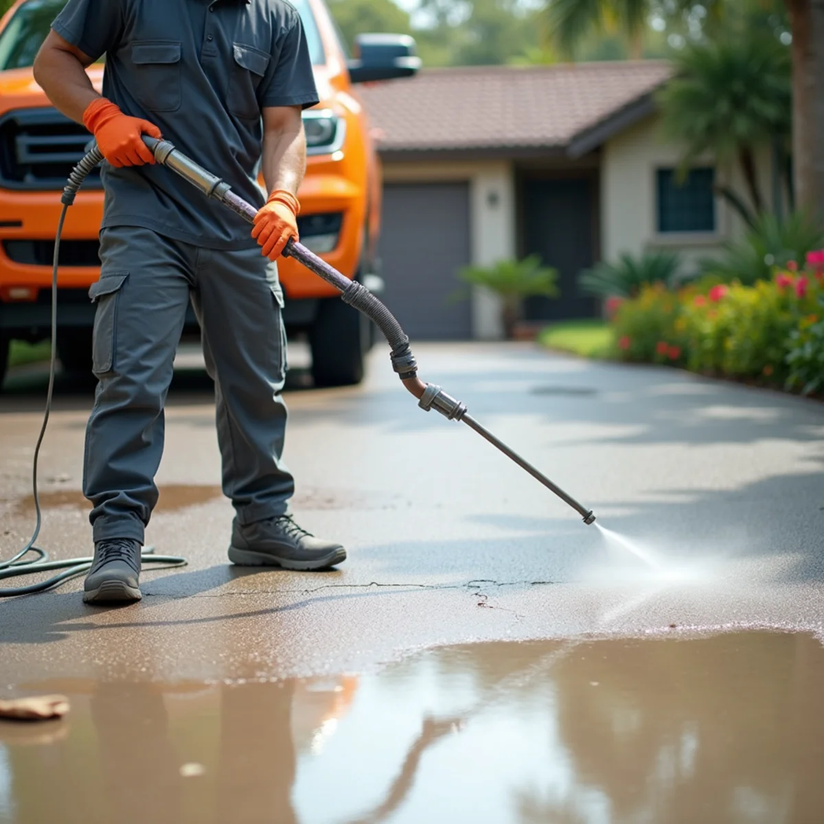 Spraying penetrating moisture curing sealer across newly poured concrete driveway in Miramar