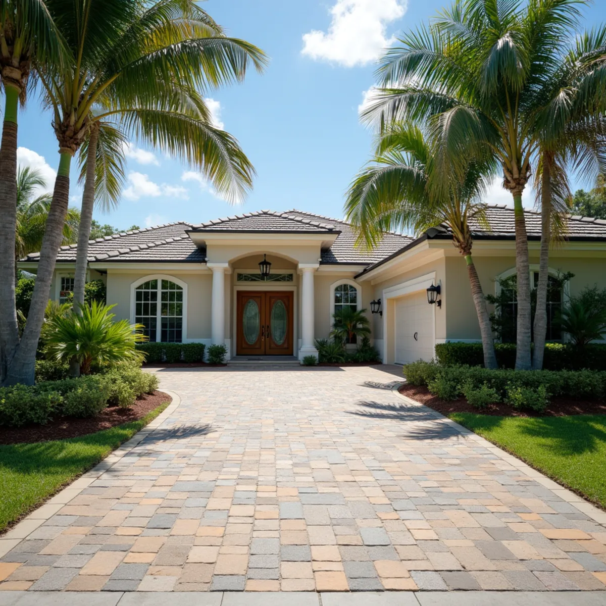 Completed stamped ashlar slate concrete driveway in warm sand tones with charcoal antiquing
