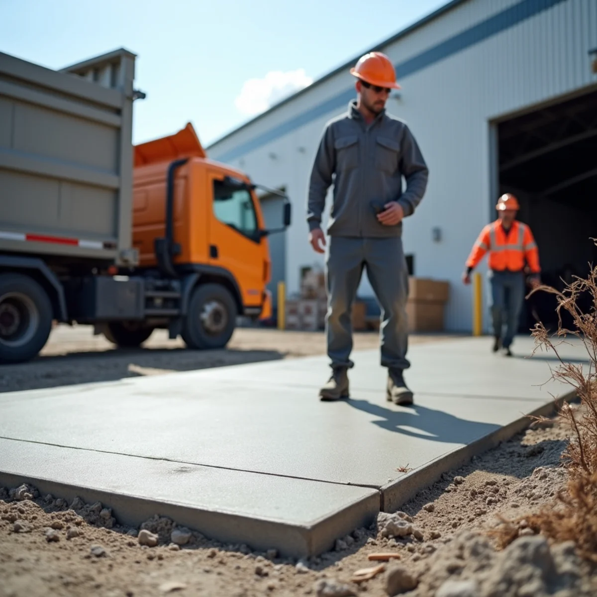 Massive 8-inch reinforced concrete loading apron and dumpster pad behind commercial warehouse
